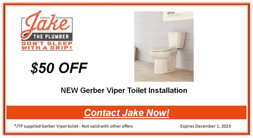Coupon offering $50 off installation of Gerber Viper toilet by Jake the Plumber